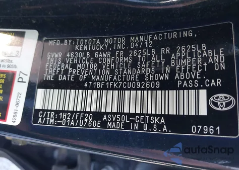2012 Toyota Camry Se from USA, damaged, VIN 4T1BF1FK7CU092609